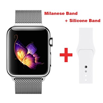 Greatou Band for Apple Watch Series 1 / 2 / 3,Milanese Mesh Stainless Steel Loop Wrist Strap Replacement Band with Adjustable Magnetic Closure & Rose Red Silicone Band for iwatch,38mm,Silver