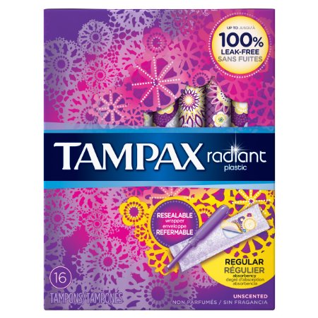 Tampax Radiant Plastic Unscented Tampons, Regular Absorbency, 16 Count