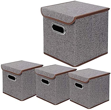BeigeSwan Storage Bin [Set of 4] Linen Fabric Foldable Container with Lid, Collapsible Organizer Boxes Cubes – 10 x 10 x 10 Inches (Gray)