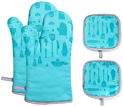VANORIG Oven Mitts and Potholders Sets 4pcs 500°F Heat Resistant Oven Gloves with Terry Lining Non-Slip Silicone Oven Mitt for Kitchen Cooking Baking BBQ（Turquoise）