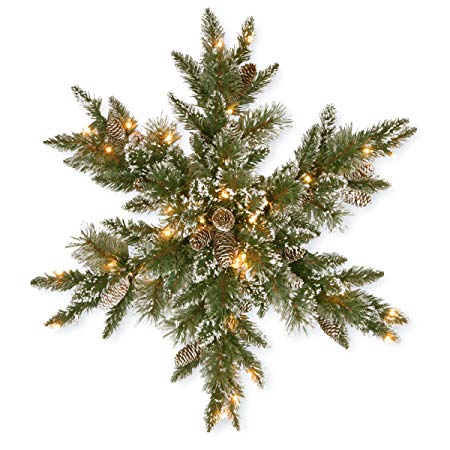 National Tree 32 Inch Glittery Bristle Pine Wreath with 21 White Tipped Cones and 50 Warm White Battery Operated LED Lights with Timer (GB3-300-32S-B)