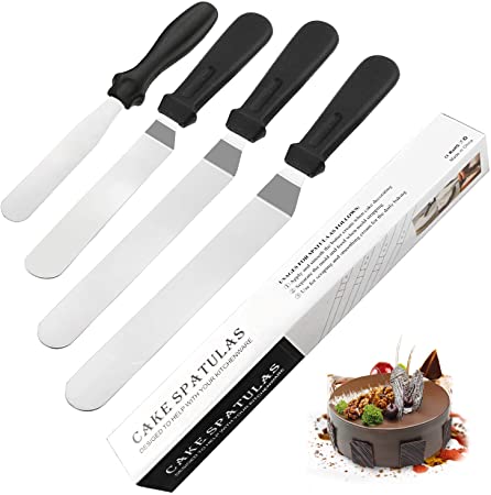WisFox 4 Pack Icing Spatula Set, Professional Baking Angled Cake Frosting Spatula, 10/15/20/25CM Stainless Steel Cake Decorating Spatula for Cake Decorating, Pastries and Cupcakes