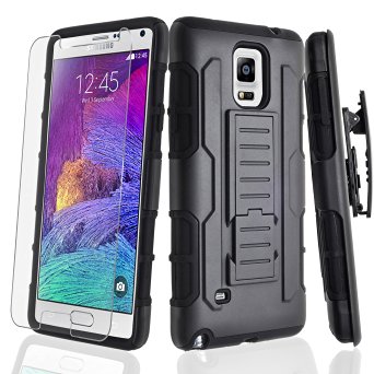 Note 4 Case, Galaxy Note 4 Case, Starshop [Heavy Duty] Dual Layers Kickstand Case With [0.33m 9H Tempered Glass Screen Protector Included] and Locking Belt Clip (Black)
