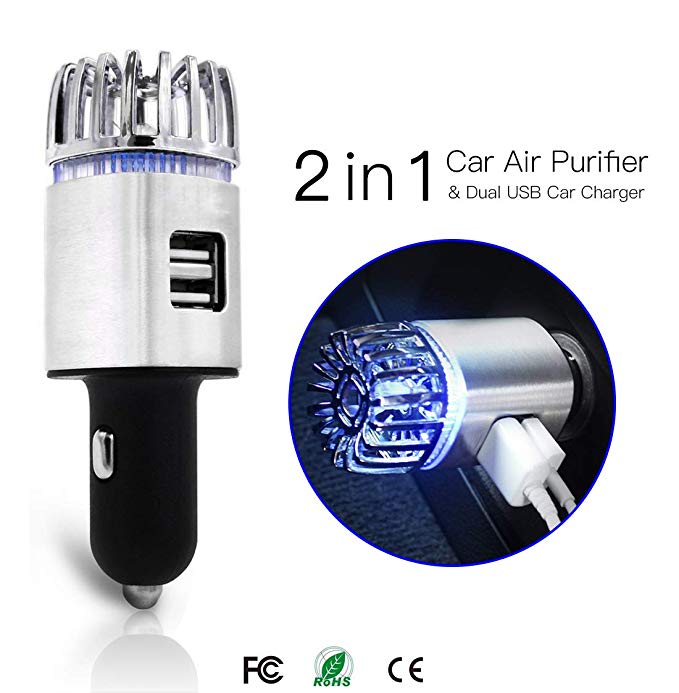 Exemplife Car Air Purifier, Freshener Adapter with 2 USB Ports,Car Air Ionizer Remove Smoke, Bad Smell and Odors,Keep The Air in Car Fresh,Silver…