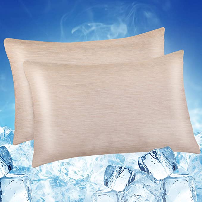 LUXEAR Cooling Pillowcase, 2 Pack Cooling Pillow Cover with Japanese Q-Max 0.55 Cooling Fiber, Breathable Soft, Cooling Eco-Friendly, Hidden Zipper Design, Standard Size(20x26 inches)-Beige