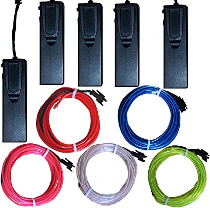 TDLTEK 5 Pack [Sound Activated] El Wire Glowing Neon Light with 4 Mode Controllers - Solid on, Strobe, Sound Actavated, Off