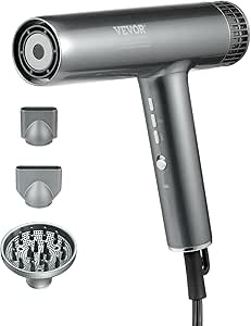 VEVOR Professional Hair Dryer, 3.0 Million Negative Ions Blow Dryer, 98,000RPM High-Speed Brushless Motor, 3 Temp & 3 Speeds, Lightweight Salon Hair Blow Dryers with Nozzles & Diffuser for Home Travel