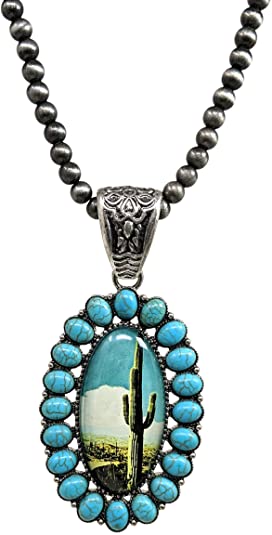 Elosee Turquoise Stone Framed Cactus Glass Bubble Pendant Native Pearl 24 Inch Long Necklace