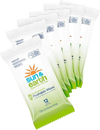 Flushable Wipes, Biodegradable, Unscented by Sun & Earth, Resealable for Travel, 12Count, Pack of 6