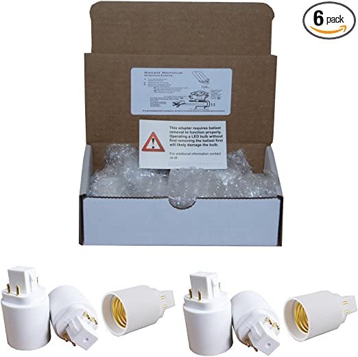 6 Pack, Mansa Lighting®, G24q to Standard Base Adapters, Use This Adapter to Plug an E26 Bulb Into a PL Style G24 Fixture, Maximum Wattage Is 100W