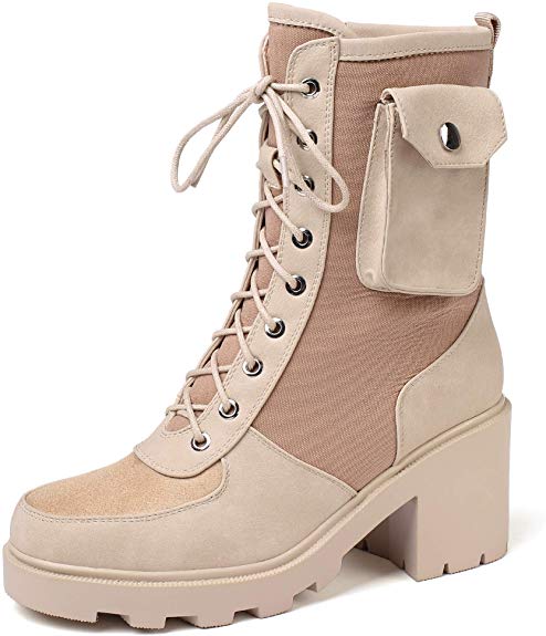 vivianly Women Mid Calf Boot Low Chunky Heel Lace Up with Side Zipper Combat Boots Tactical Military Booties Autumn Winter Shoes