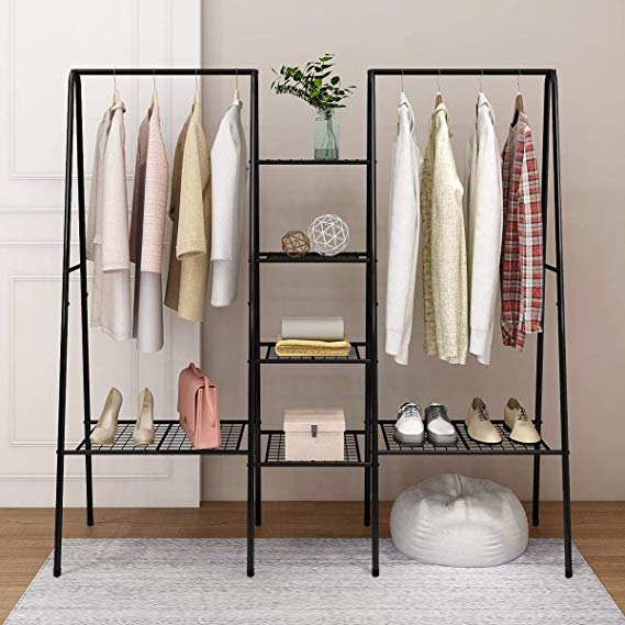 Metal Clothes Rack Double Rod Heavy Duty Commercial Grade Clothing Free Standing Garment Rack with 2 Top Rods and 6 Wire Shelves for Coat Hanging Rack Organizer Closet Storage Bags Boxes Shoes
