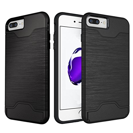 iPhone 7 Plus Case, (Black) Shock Drop Protection True Fit [Card Slot] [Brushed Texture] with Kickstand Cover