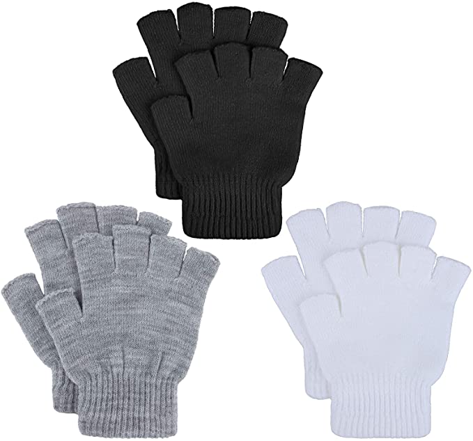 Cooraby 3 Pairs Unisex Kids Fingerless Winter Gloves Stretchy Knitted Half Finger Mittens Typing Gloves