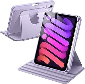 JETech Rotating Case for iPad mini (A17 Pro, 2024 Model, 7th Generation) / mini 6 (2021 Model, 6th Generation), with Pencil Holder, 360 Degree Rotation Protective Stand Cover Clear Back (Purple)