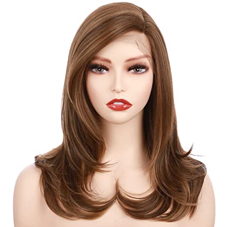 OneDor 18 Inch Kanekalon Futura Synthetic Hair 130% Density Straight Lace Front Side Part Long Wigs (Light Brown Evenly Blended with Dark Natural Blonde)