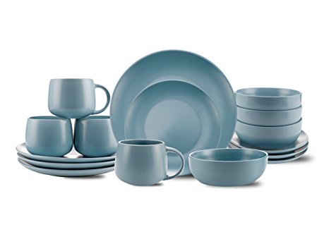 10 Strawberry Street Wazee Matte 16 Pc Coupe Dinnerware Set, Mineral Blue