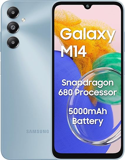 Samsung Galaxy M14 4G (Arctic Blue,6GB,128GB) | 50MP Triple Cam | 5000mAh Battery | Snapdragon 680 Processor | 2 Gen. OS Upgrade & 4 Year Security Update | 12GB RAM with RAM Plus | Without Charger