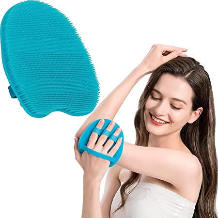 Soft Silicone Shower Brush, Body & Face & Short Hair Wash, Bath Exfoliating Skin Massage Scrubber, Dry Skin Brushing Glove Loofah, Fit for Sensitive and All Kinds of Skin (Blue)