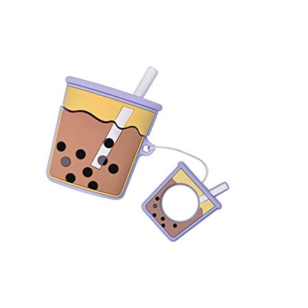 Awin Case for Airpods Case,AirPods 2 Case,Airpods Accessories,Cute Cartoon Pearl Milk Tea Cup Silicone Protective Cover Case Compatible for Airpods 1 & 2 Charging Case (Pearl Milk Tea Purple)
