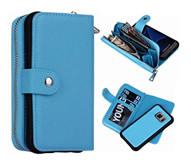 S7 Wallet Case, Magnetic Detachable S7 Wallet Purse Hynice Samsung Galaxy S7 Leather Folio Flip Slim Case with Zipper Credit Card Slots, Card Holder, Wrist Strap Wallet for Women Men(Lichi-Blue)