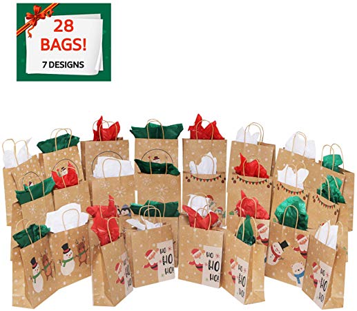 MOMONI 28 Piece Medium Christmas Gift Bags- Xmas Bags Variety Kraft Gift Bags Bulk Christmas Bags- Good for Xmas Party Favors, Goody Gift Bags, Holiday Party Treat Box and Presents