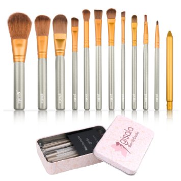 Gisala 12 Pcs Makeup Brush Set Premium Cosmetics Synthetic Kabuki Makeup Brushes, Foundation, Blending Blush, Eyeliner, Face Powder Brush Kit with Metal Box
