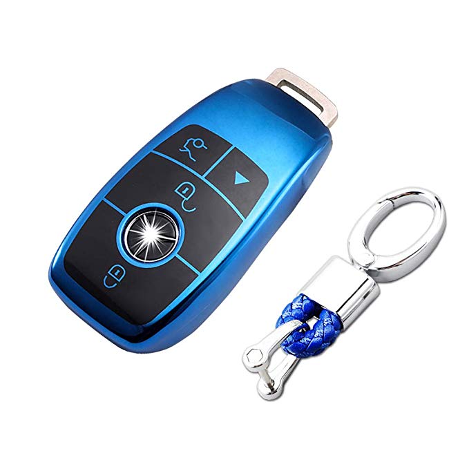 TurningMax Keyless Entry Remote Cases Smart Key Fob Cover with Keychain Full Protection Soft TPU Holder Shell for Mercedes Benz E Class, 2018 up S Class, 2017 2018 W213, etc – Blue