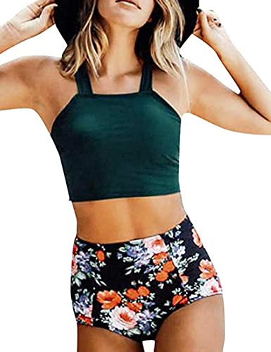 Two Piece Swimsuit for Women Tie Front Crop Top and High Waisted Floral Printed Bikini Modest Bathing Suits