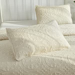 Brandream Queen Size Quilt Set Cotton Beige Quilted Comforter Set Elegant Farmhouse Matelasse Coverlet Set 3-Piece