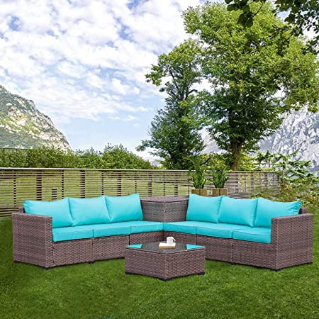 Patio PE Wicker Furniture Set 6 Piece Outdoor Brown Rattan Sectional Loveseat Couch Conversation Sofa with Storage Box and Coffee Table, Turquoise Cushion