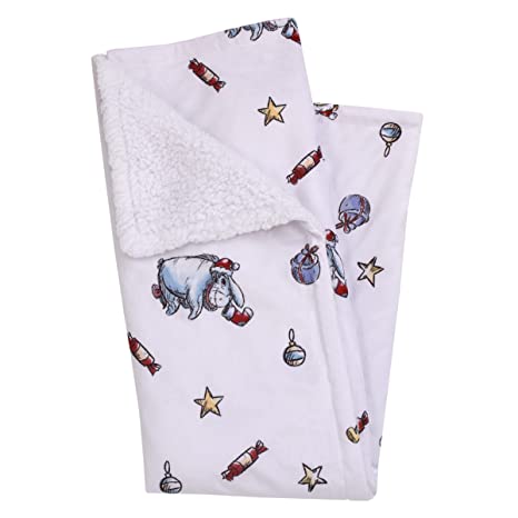 Disney Winnie The Pooh and Eeyore White Christmas Holiday Presents Super Soft Sherpa Baby Blanket