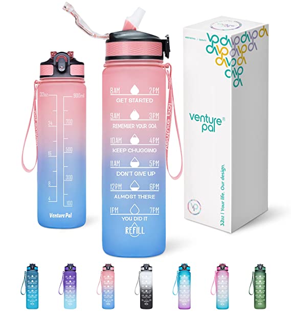 Venture Pal 32oz/22oz Motivational Fitness Sports Water Bottle with Time Marker & Straw, Large Wide Mouth Leakproof Durable BPA Free Non-Toxic