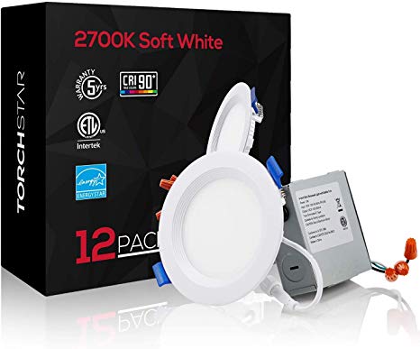 TORCHSTAR 12-Pack 4 Inch Slim Recessed Lighting with Junction Box, Eye-Caring, CRI 90 , Dimmable 10W 80W Eqv. Can-Killer Airtight IC Rated Downlight, ETL & Energy Star Listed, 2700K Soft White