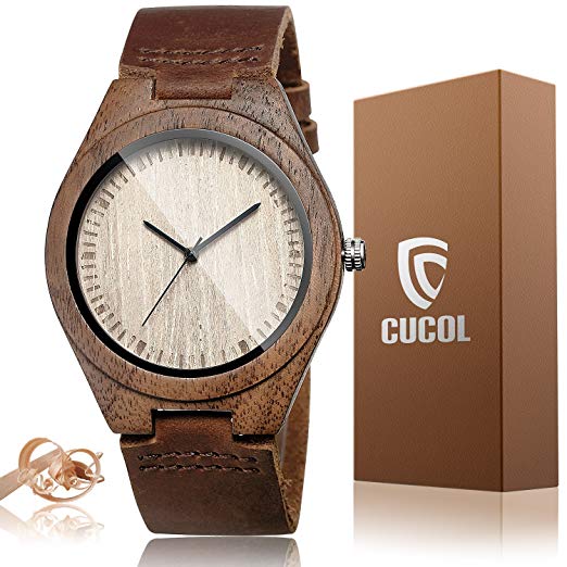 CUCOL Men's Walnut Wood Watch, Customize Engraved Wooden Stylish Leather Watch with Gift Box for Your Lovely Dad/Husband/Son(Christmas)