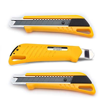 HEIKIO 3 Pack Box Cutter Utility Knife Retractable - 18mm Snap-Off Blade, Ultra Sharp and Black - Steady Auto Lock and Extra Blade Storage Design - Rust & Water Proof Heavy Duty Cutting Snap Knife