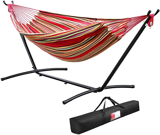 GARTIO Hammock w/Steel Stand, Portable 2 Person Swing Bed Spreader with Rack, Detachable & Adjustable Heavy-Duty Hammock w/Carry Bag, for Outdoor, Patio, Camping, Pool, Beach, Porch, 450LBS Max Load