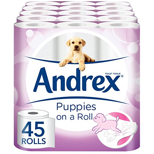 Andrex Gentle Clean, Puppies on a Roll Toilet Tissue Paper - 45 Rolls