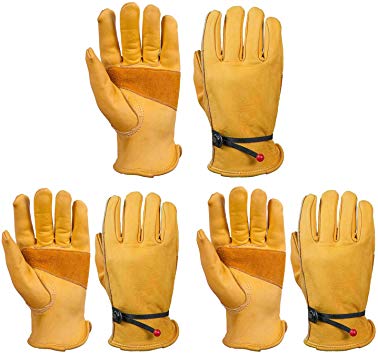 OZERO 3 Pairs Flex Grip Leather Work Gloves Adjustable Wrist Tough Cowhide Garden Glove for Men and Women (Gold, Medium)