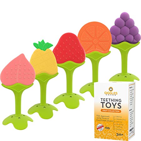 Teething Toys (5-Pack) - Fruit Shaped Silicone Baby Teethers - BPA-Free Sensory Pacifiers for Natural Brain Development of Infants and Toddlers - Unique Gift Accessories for Newborn Girls and Boys