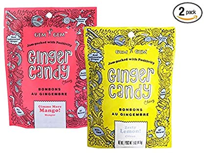 Assorted Ginger Candy Chews (2 pack)- (2) Gem Gem 5oz Bags - LEMON   MANGO | All-Natural, Non-GMO, Gluten Free, Vegan, Real Indonesian Kettle Cooked Ginger - The perfect chewy sweet with a kick!