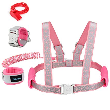 Blisstime 2 in 1 Reflective Toddler Leash -Anti Lost Wrist Link for Toddlers -Toddler Harness,Baby Leash,Leash for Toddlers,Wrist Leashes,Child Leashes for Toddlers,Not Easy to Open Without Key (Pink)