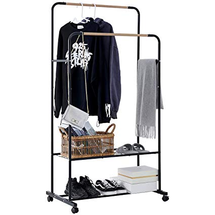 YOUDENOVA Rolling Clothing Rack on Wheels, Double Rails Clothes Rack with 2 Tiers Metal Shelf, Modern Heavy Duty Entryway Coat Rack and Shoe Bench Storage Stand with Side Rails