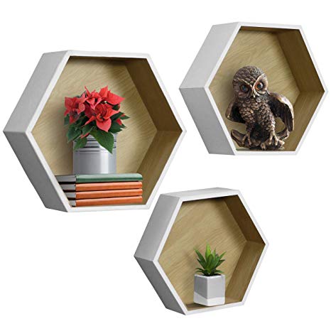 Sorbus Floating Shelf Hexagon Set — Honeycomb Wall Mounted Shelves, Decorative Hanging Display for Collectibles, Photos Frames, Plants, and More (Set of 3 – White)