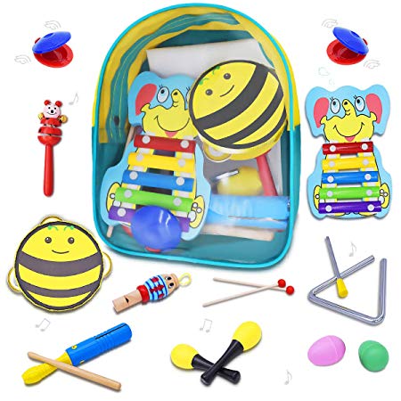 FRUITEAM Musical Instrument Set for Kids in a Backpack with Xylophone - Percussion Toy Set for Children - Bonus Window Sticker