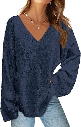 MEROKEETY Women's Long Sleeve V Neck Fuzzy Fleece Sweater Oversized Casual Cozy Knit Pullover Tops