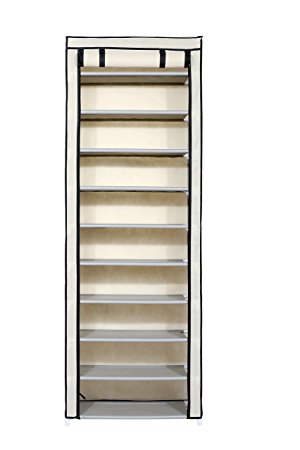 Homebi 10-Tier Shoe Rack 30 Pairs Shoe Tower Closet Shoes Storage Cabinet Portable Boot Organizer with Dustproof Non-woven Fabric Cover and 10 Durable Shelves,24.2”W x 12.4” D x 68.3”H (Beige)