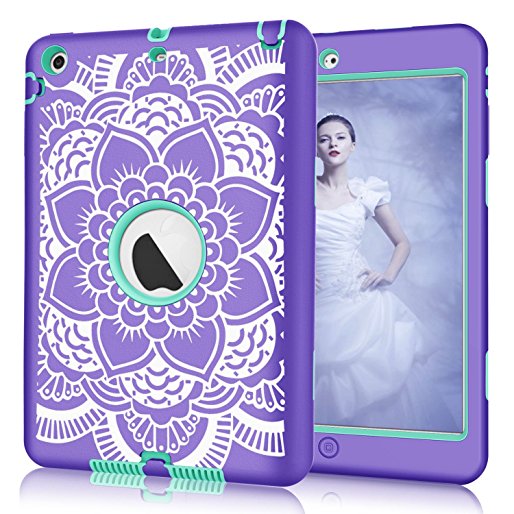 iPad mini/2/3 Case, Hocase Shockproof Hybrid Dual Layer Hard Rubber Protective Case with Cute Flower Design for Apple iPad mini 1st/2nd/3rd gen 7.9-inch - Purple / Teal