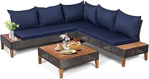 COSTWAY 4PCS Patio Rattan Furniture Set Cushioned Loveseat w/Wooden Side Table Navy