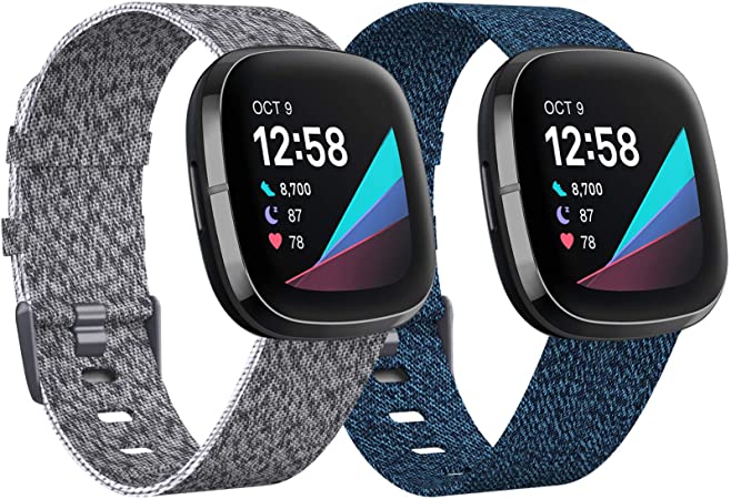 KIMILAR 2 Pack Bands Compatible with Fitbit Versa 3 / Fitbit Sense Bands, Small Large Soft Woven Fabric Breathable Accessories Strap Replacement Wristband Women Men for Versa 3 / Sense Smart Watch